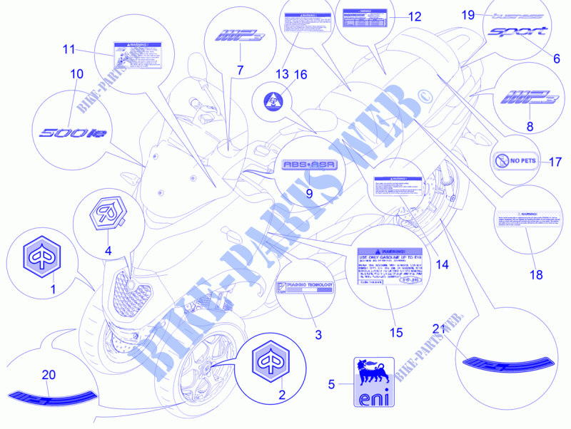 Monogrammes   Decorations pour PIAGGIO MP3 500 Sport ABS E3-E4 de 2016